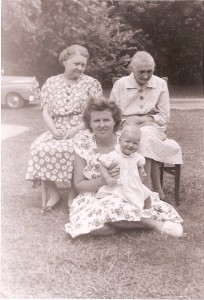 Matilda Foreman is the matriarch of this family of four generations of women. Her daughter, Ella Bedurske, is sitting to her left. Vietta Mickus, Ella’s daughter, is sitting on the grass holding her daughter, Petronelle Smith. A copy of this photo was given to us by Vietta along with many other family photos. Matilda died in 1947, not too long after this photo was taken.